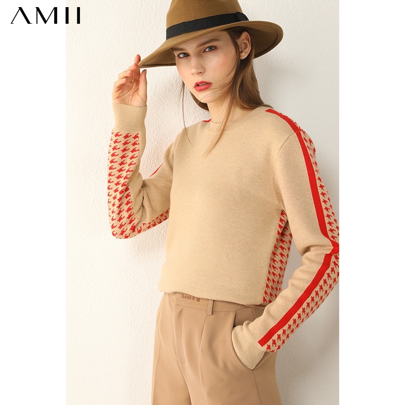 Amii Minimalism Autumn Winter Women's sweater Fashion Houndstooth Oneck Full Sleeve Sweaters For Women Female Pullover 12030426 201023