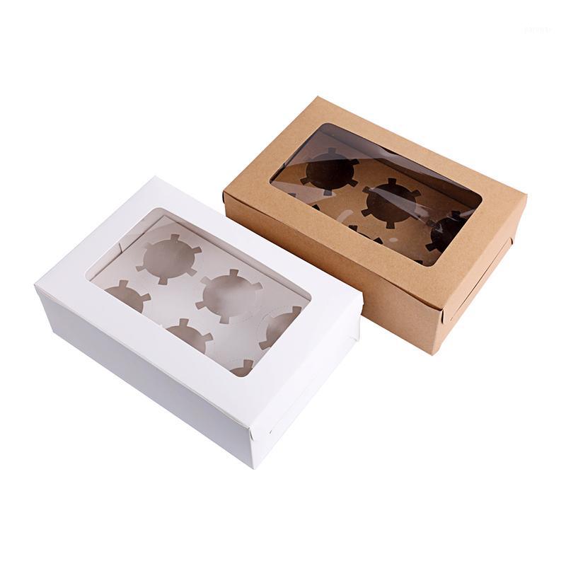 

5pcs windowed cupcake boxes White Brown kraft paper box Gift Packaging For Wedding Festival Party 6 Cup Cake Holders Customized1
