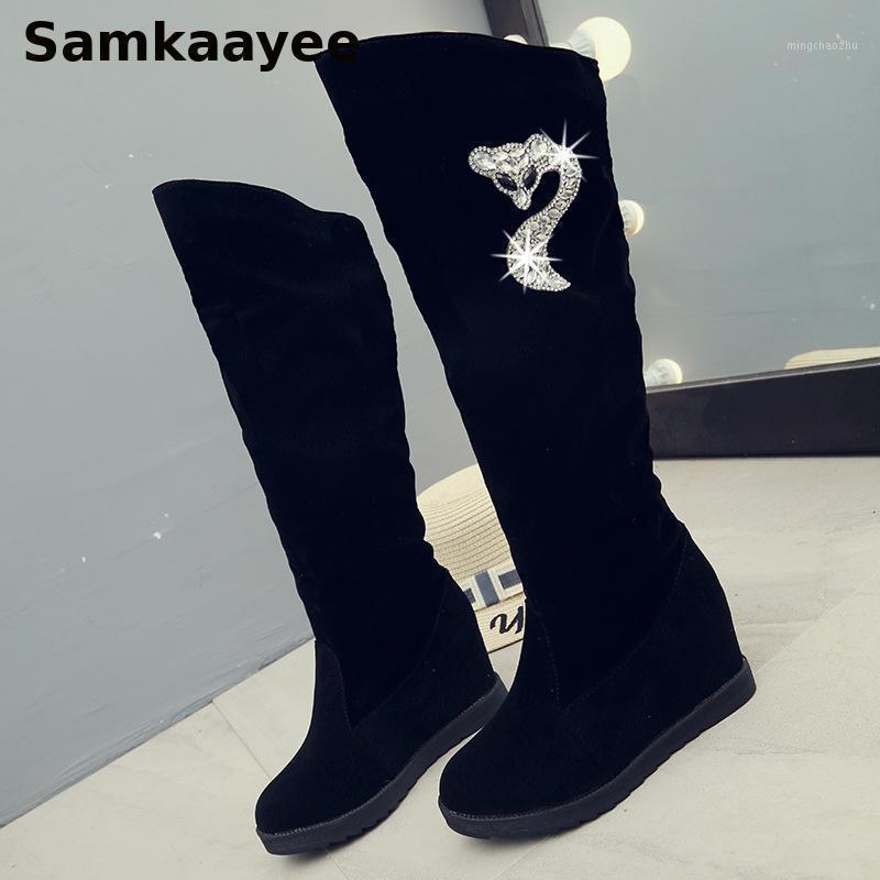 

Size 35-40 Womens Boots Winter Female Knee Botas Thigh High Platform Shoes Flock Crystal Round Toe Slip-On Mujer Long Zapatos 411, As picture