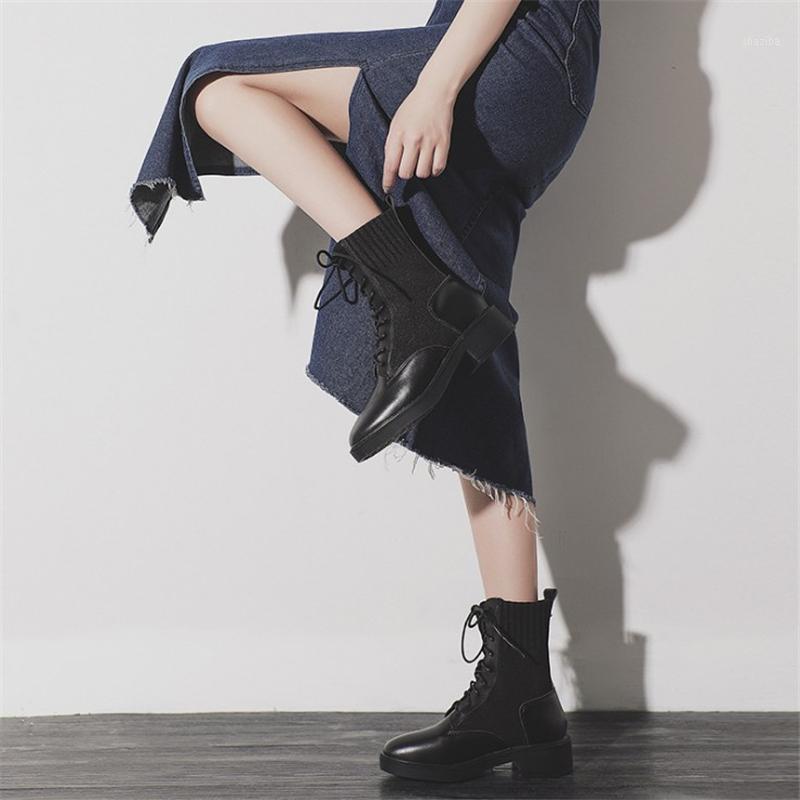 

JIANBUDAN New fashion socks boots Women's autumn Stretch boots Lace Up ZIP Comfortable Female Ankle Plush winter shoes1, Black