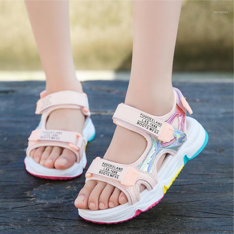 

Girl's Casual Sandals Summer Glitter Leather Mesh Shoes Kids' Open Toe Beach Shoes Teenagers Students School Flat Sandalias27-381, Green
