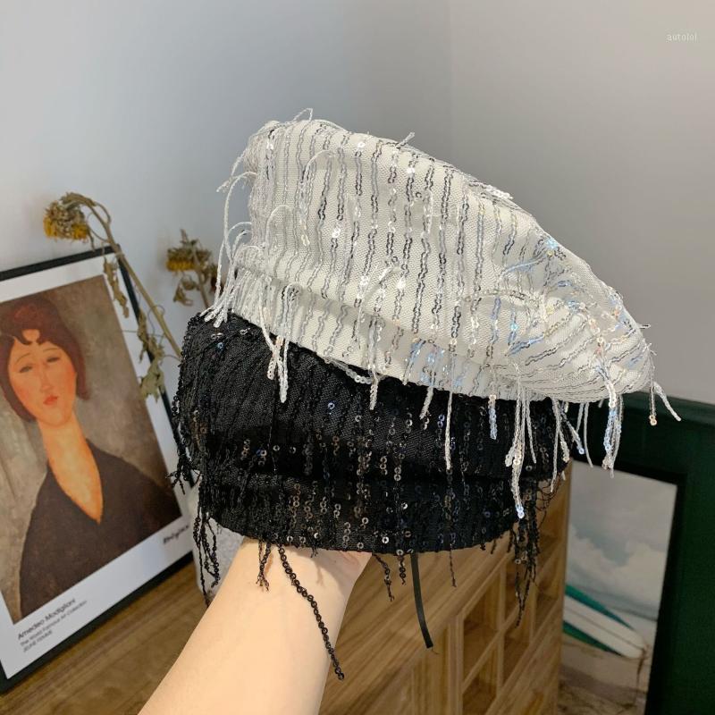

2020 Elegant Women Plaid Beret For Fashion Fringed Sequin beret Hats Cap Spring Autumn Brand New Women's Painter Hat Gorras1, White