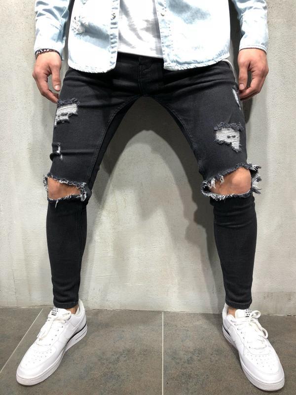 

Mens Jeans Hip Hop Motorcycle Biker Mens Jeans Men Hole on Knee Light Blue Denim Pants Plus Size1