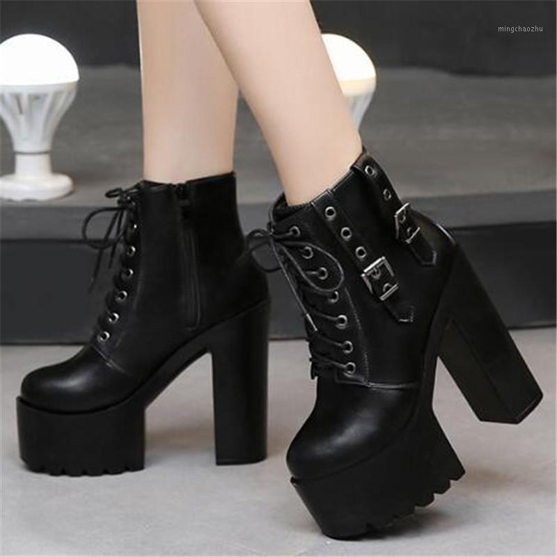 

Shoes Woman Pumps Waterproof Wedding Party Shoes PU Lace Up 14CM Thick High Heels Round Toe Platform Dress Women 20201, White