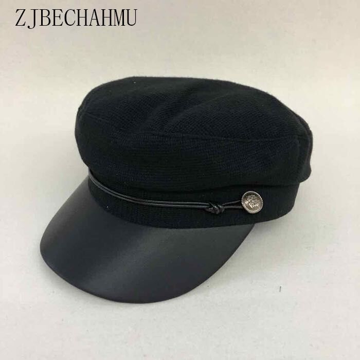 

Fashion PU Leather Hat Autumn Winter Wool Sailor Hats For Women Men Black flat top Female travel cadet hat Captain Caps