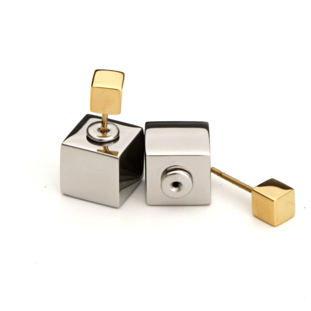 

VAROLE Double Sided Square Cubes Stud Earrings Gold Color Stainless Steel for Women Jewelry Best Present Brincos