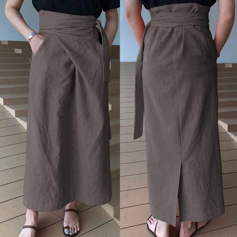 

Celmia Women' Fashion Maxi Skirts Sexy High Waist Bandage Linen Skirt Casual Loose Solid Female Buttoms Pockets Long Skirt 5XL, Black