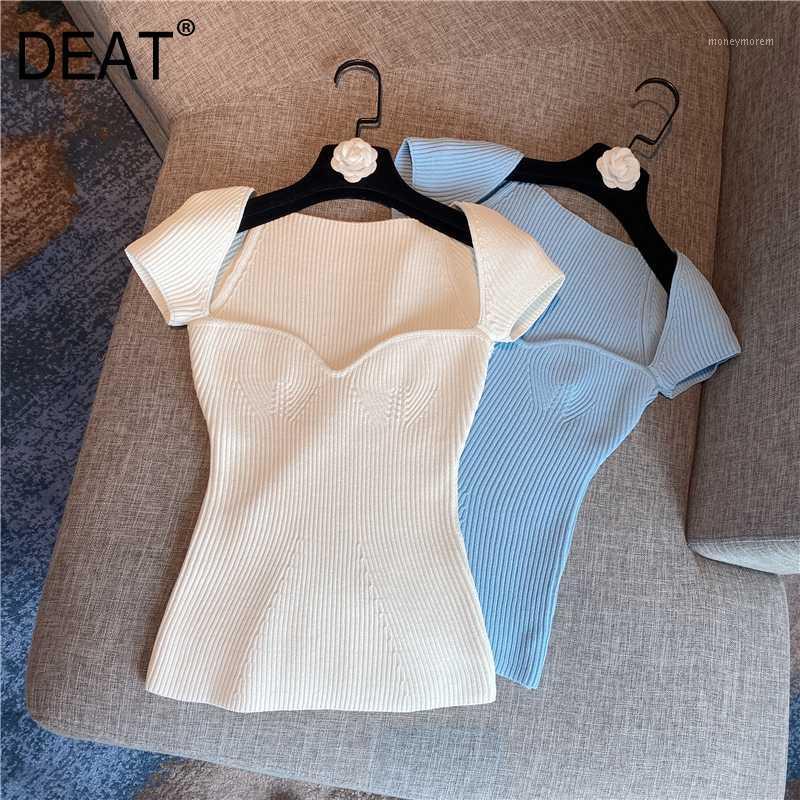 

DEAT 2020 new summer square collar short sleeves knitting pullover slim short T-shirt female fashion top sweet pink 7A014031, Mei hong spot goods