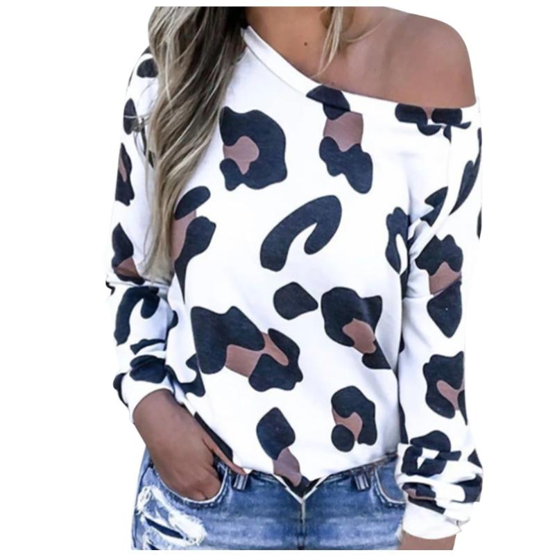 

Women Blouse 2020 Diagonal Collar Long Sleeve Leopard Shirts Loose Plus Size Clothing For Women Ladies Blouses White Blouses