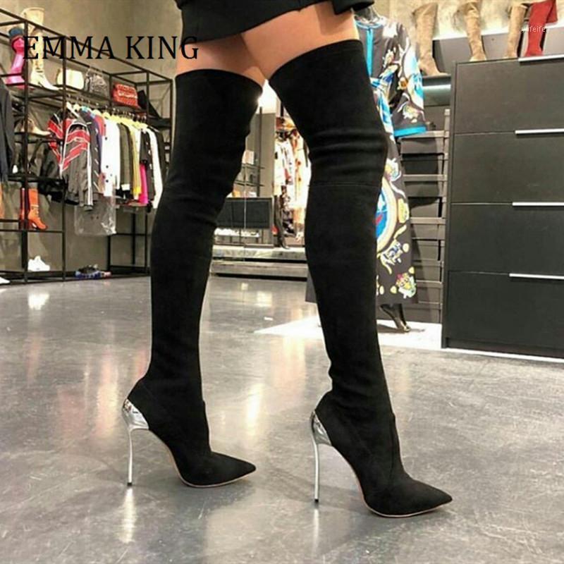 

Winter Women Over The Knee High Boots Sexy Iron Heels Faux Suede Long Boots Pointed Toe Stilettos Heels Women Thin High1, Khaki flock