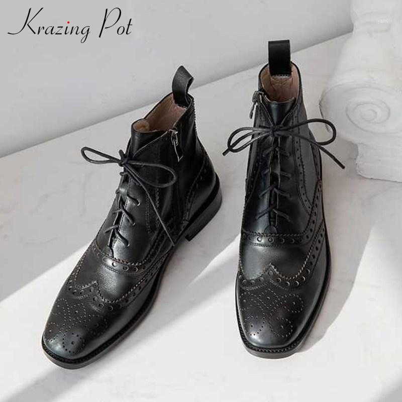 

krazing pot British style brogue carved genuine leather boots square toe low heels winter women lace up fashion ankle boots L181, Black
