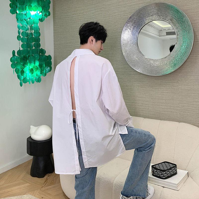 

2020 Spring And Autumn New Youth Popular Solid Color Open Back Loose Long-sleeved Shirt Fashion Casual Single-breasted Top, Black