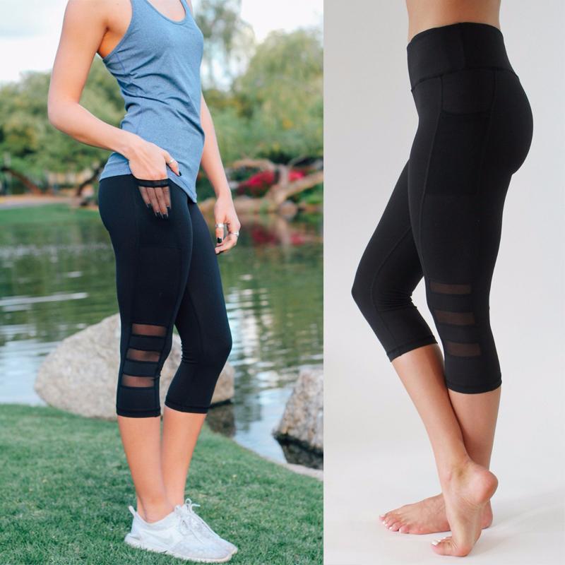 

Women' Leggings Black Yoga Pants Fitness Leggings With Mesh Panels Phone Pocket Calf-Length Sport Pants Running Tights