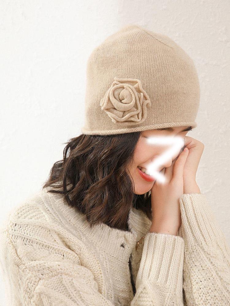 

100% cashmere knitted hat classic rose flower autumn and winter warm hat for women