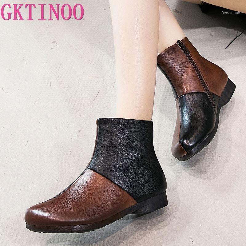 

GKTINOO Warm Genuine Leather Winter Boots Women Shoes Woman Vintage Ankle Boots For Women Flat Heels Zipper Botas Mujer1, 9909 black