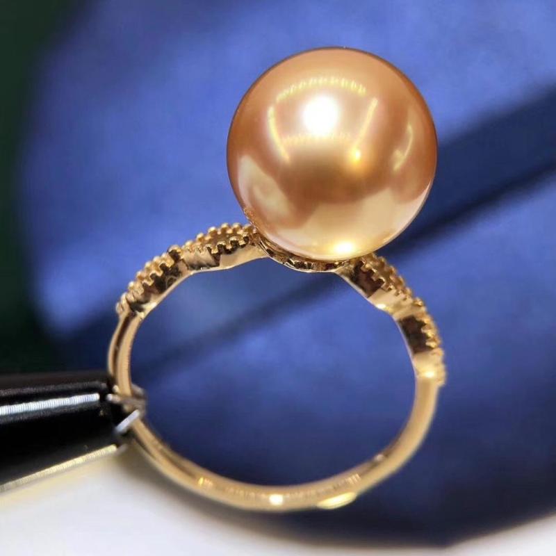 

D910 Pearl Ring Fine Jewelry Real 18K Gold Round 9-10mm Nature Sea Water Golden Pearls Rings for Women Fine Presents