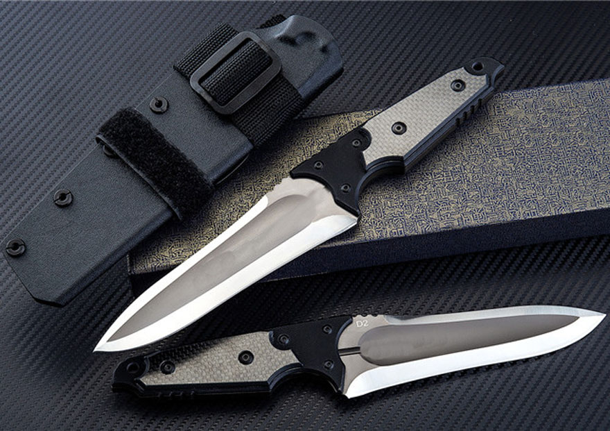 

High End Japan Survival Straight Knife D2 Titanium Coated + Satin Blade G10 + Carbon Fiber Handle Fixed Blade Knives With Kydex
