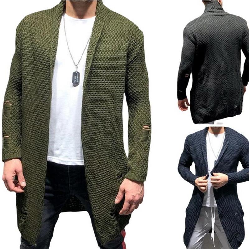 

Men' Sweaters Men Cardigan Long Sleeve Hole Casual Style Sweater Holes Mens Mid-length Knitwear With 3 Colors, Black