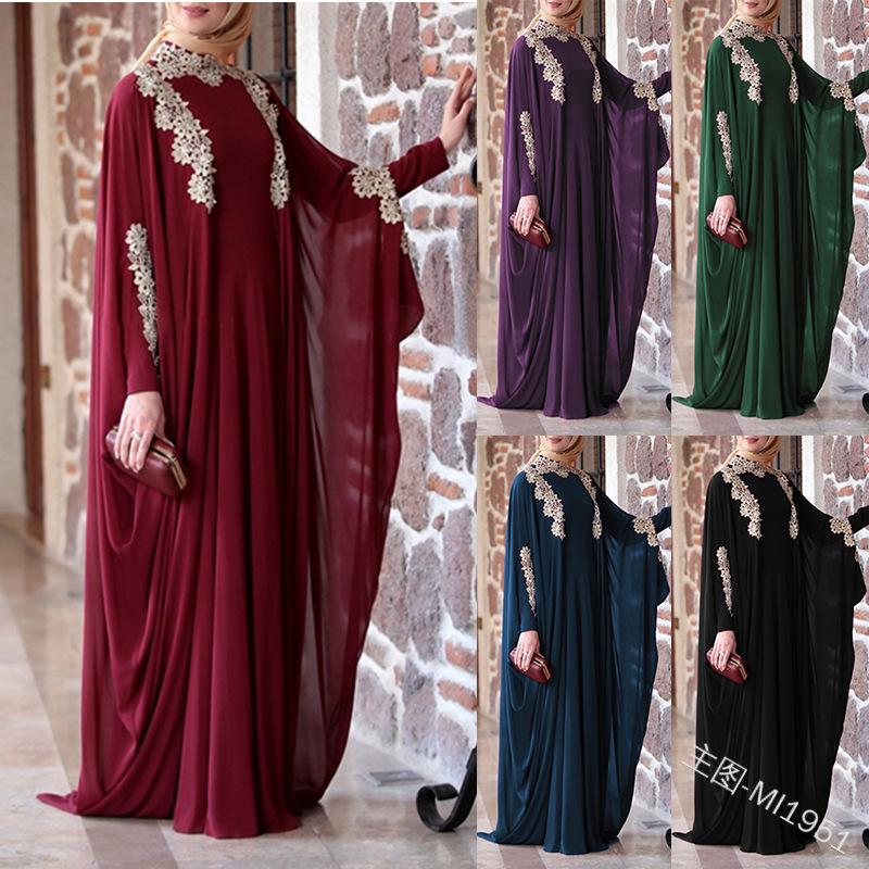 

Women chiffon floral Appliques loose robe batwing Sleeve maxi Dress plus size Eid Ramadan kaftan gown Islamic muslim abaya Jubah
