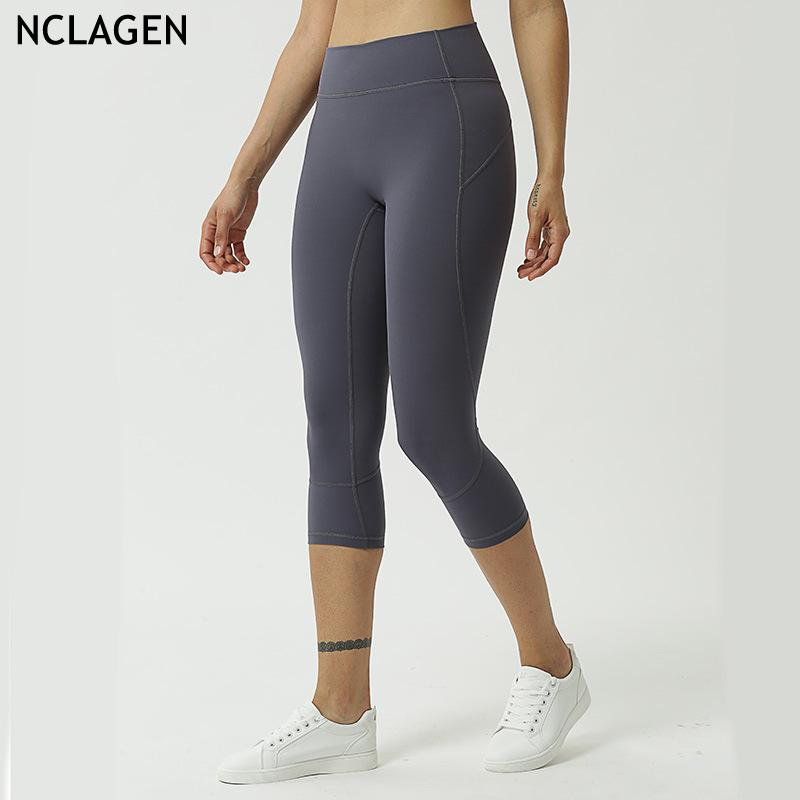

NCLAGEN Sports Pants Woman With Pockets Summer Yoga Leggings Fitness 3/4 High Waist Elastic Squat Proof GYM Sexy Workout Tights, Dark blue