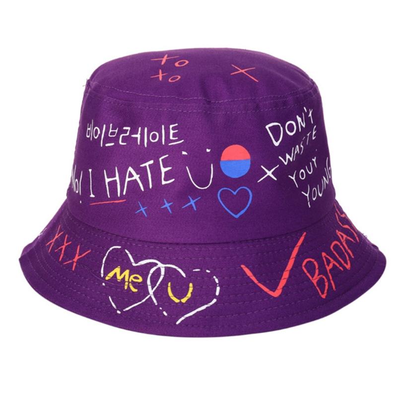 

Unisex Summer Harajuku Cotton Bucket Hat Letters Graffiti Hip Hop Fisherman Cap 2XPD, Purple
