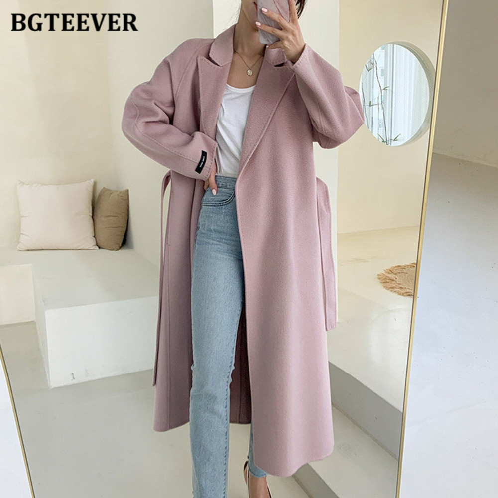 

BGTEEVER Elegant Thicken Women Blend Overcoats Long Sleeve Loose Lace-up Female Woolen Coats 2020 Winter Warm Outwear, Pink