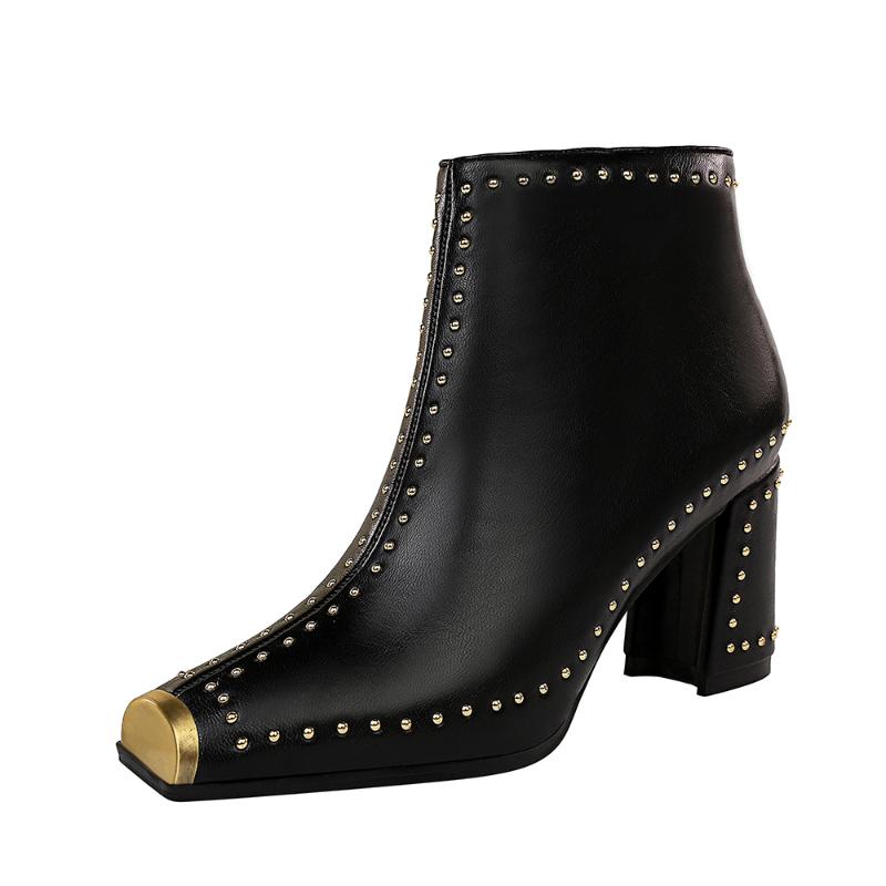 

Retro Booties Women Rivet High Heels Square Head Punk Shoes Faux Leather Black Ankle Boots Female Short Plush Winter Footwear