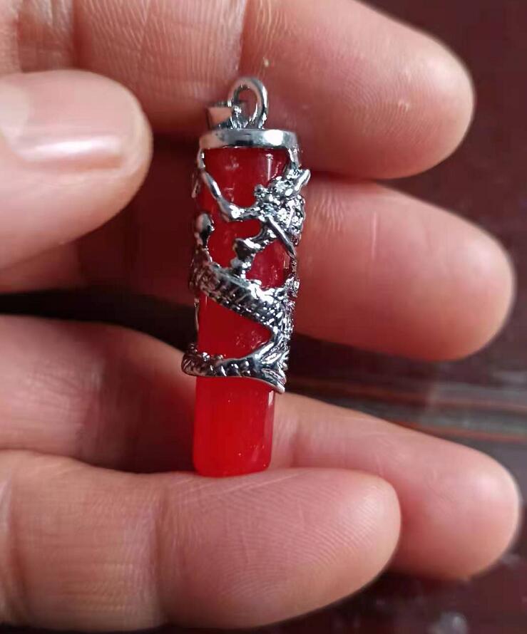 

Natural Malay Jade Red Flaming Chinese Dragon Good Luck Pendant Free Delivery C7515, Silver