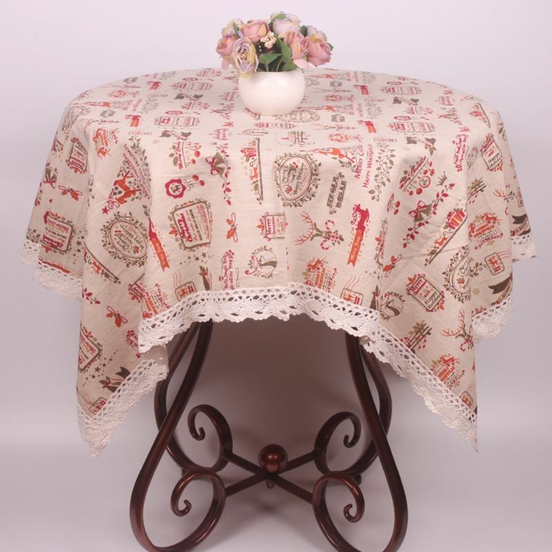 

CURCYA Beige Cotton Linen Merry Christmas Tablecloth Decoration / Lace Christmas Table Cover Cloth for Square Rectangular Tables, As pic