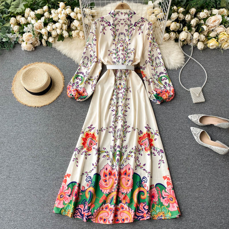 

2021 New bohemian print maxi female dress puff button the line dressed fall holiday long robe 182C, Apricot
