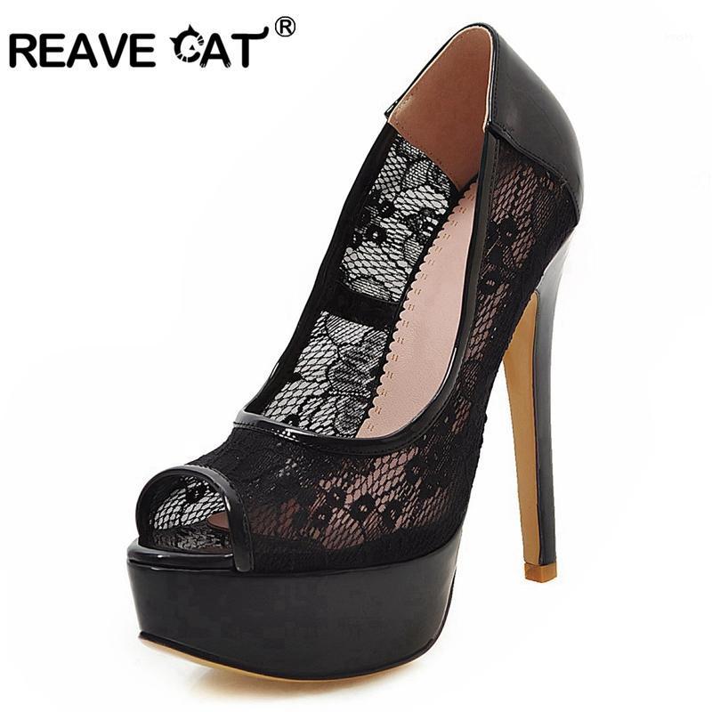 

REAVE CAT Shoes woman High heels Women's pumps Thin heel Platform Lace Peep toe Flower Office Career Slip on Spring summer A20371, Black