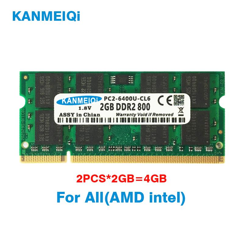 

KANMEIQi DDR2 4GB(2pcsX2GB) PC2-6400 800MHZ 533/667MHZ For laptop SO-DIMM Memory RAM 200pin 1.8V