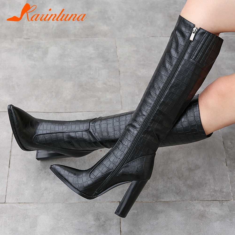

Dropship On Sale New Arrival women shoes Big Size 43 Party High Sqaure Thick Heels Pointed Toe Zipper Knee High Boots, Black