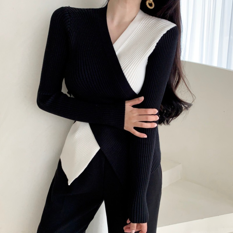 

2021 New Women's Fashionable Sweater Cross-shirts Low-cut V-sleeves Long Pit Pattern Knitting Pullovers Spring Meshes S21Z, White