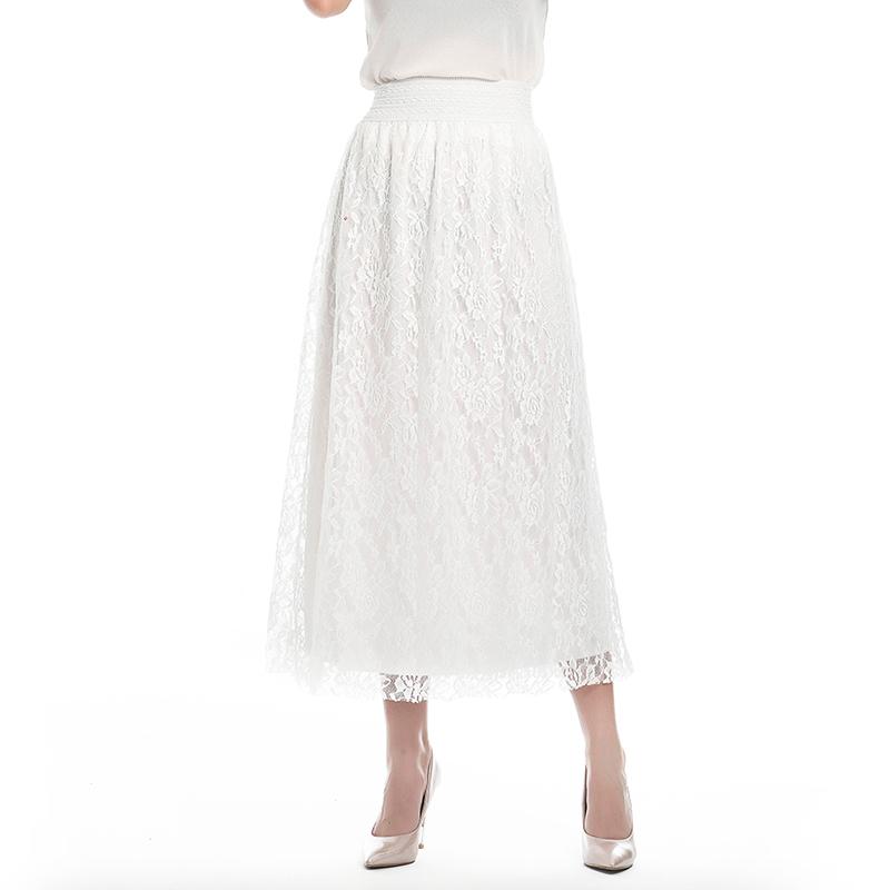 

2020 summer Womens ladies Umbrella Skirt Cotton Long Skirt Lace High Waist Hollow Out Slim maxi high quality, White