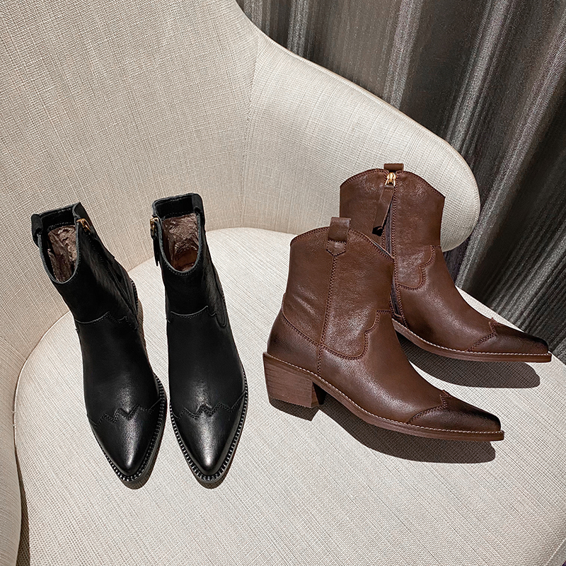 

2020 Genuine Ankle Leather Boots, High-heeled Boots. 9flo, Brown