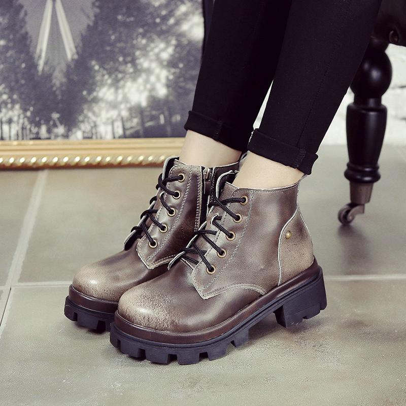 

2020 autumn and winter new England Genuine Leather thick heel boots women lacing high heel boots thick short ankle, Black