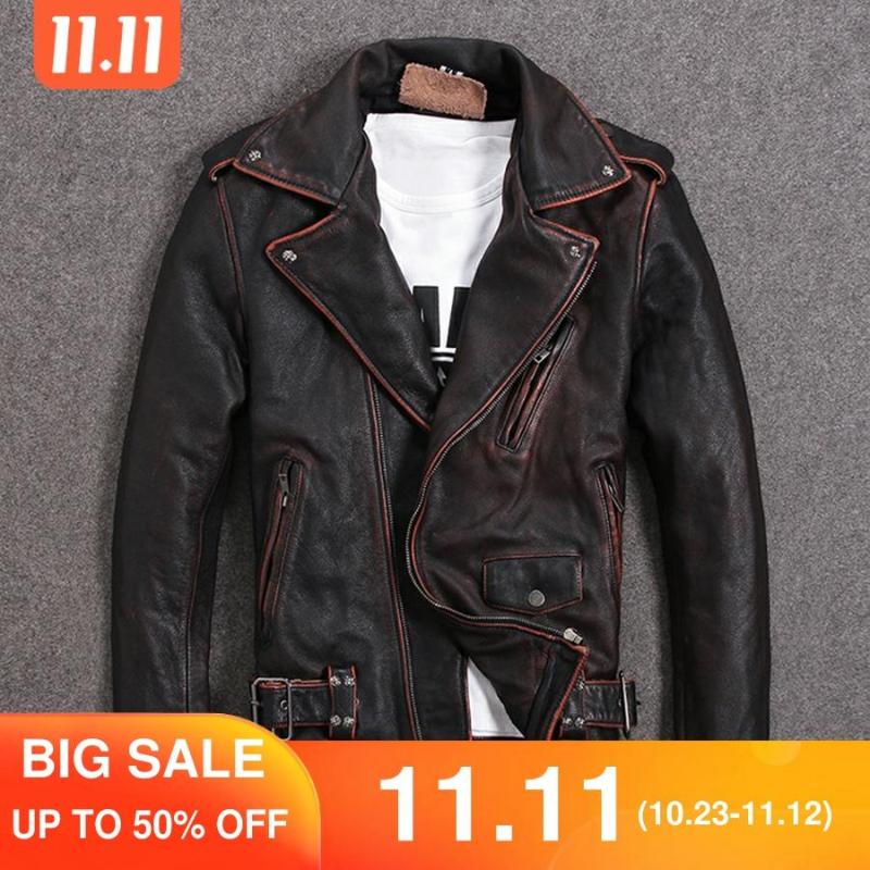 

2020 Vintage Brown Men Slim Fit Biker's Leather Jacket Plus Size XXXXXL Genuine Cowhide Short Motorcycle Leather Coat, Vintage4 brown