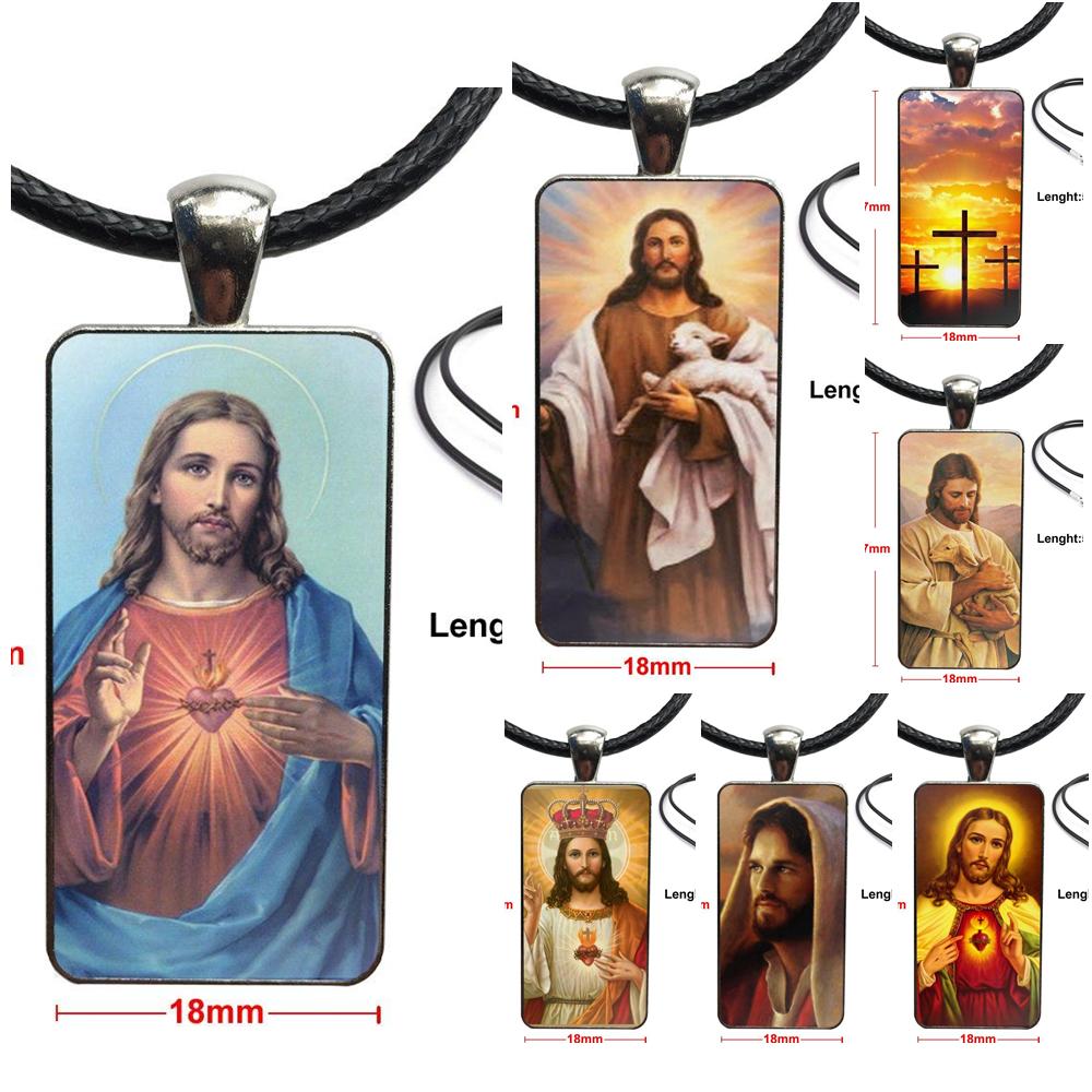 

For Women Vintage Jewelry Steel Plated With Glass Cabochon Choker Long Pendant Rectangle Necklace Jesus On Sell Lovely Excellent