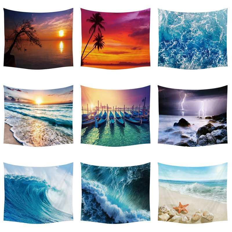 

Sun Sea Tapestry Ocean Beach Wall Hanging Water Landscape Beach Decoration Blue Cloud Blue Frothy Blanket Polyester Handmade1