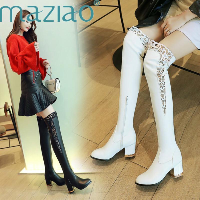 

Plus Size 33-46 Pu Women Over The Knee Boots Round Toe Footwear Lace High Heels Female Boot Zip Shoes Woman 2020 Winter MAZIAO1, White short plush