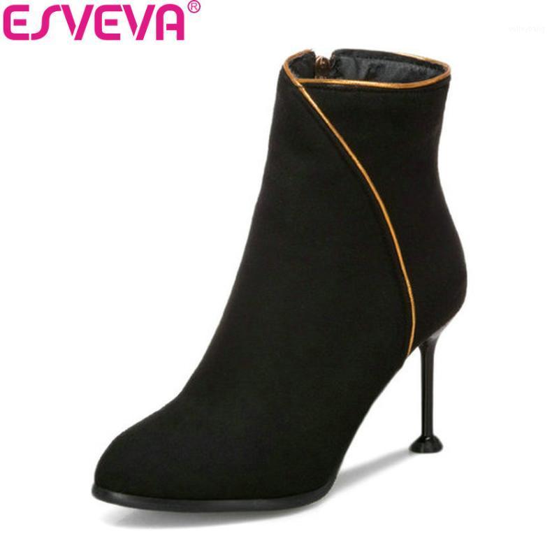 

ESVEVA 2020 Women Boots Zipper Ankle Boots Square High Heels Western Style Autumn Shoes Pointed Toe Ladies Size 34-431, Black