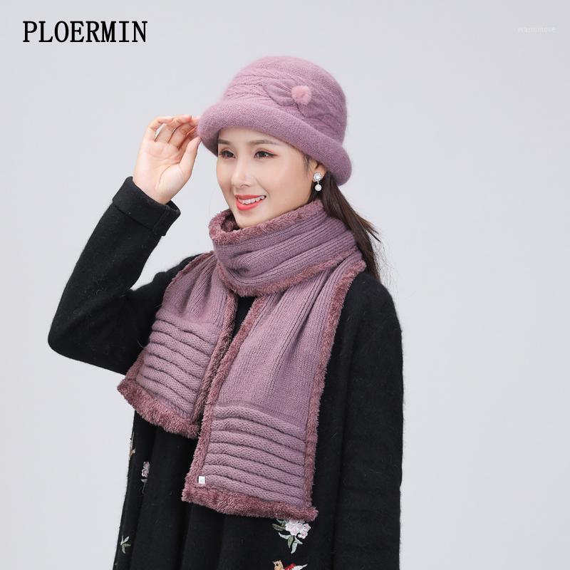 

New Winter Warm Hat Knitted Hat Scarf Set For Women Fur Wool Mixed Hood Basin Cap Female Elegant Mother Shawl Gifts1, Khaki hat