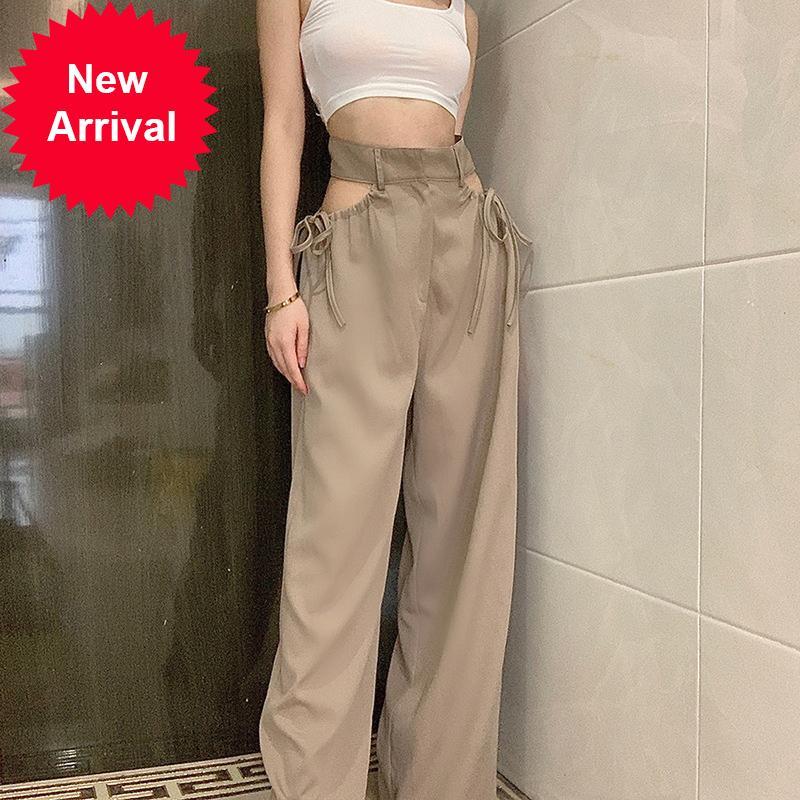 

2021 New Autumn New Casual Designer with a Solid High Waist Streetwear Fancy Loose Comfortable Woman Wide Leg Pants Axpw, Beige