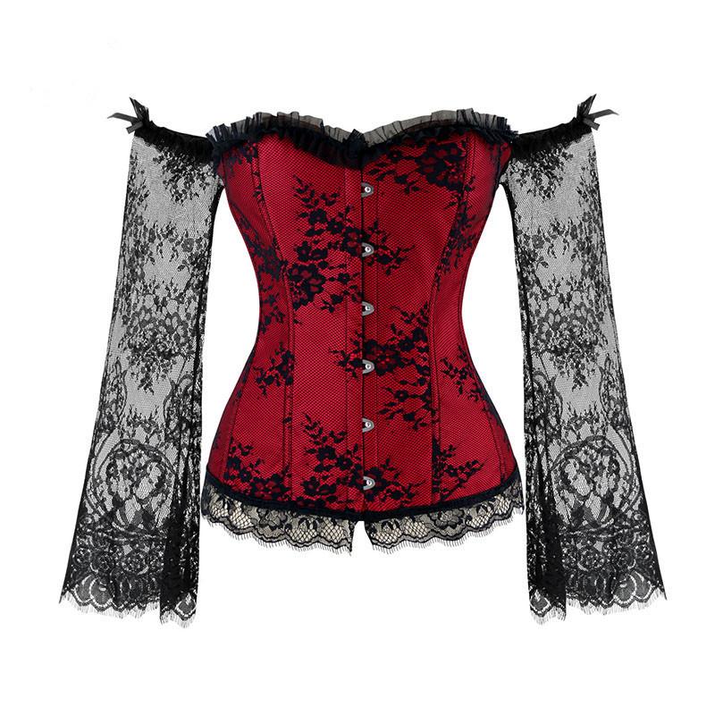 

Cosplay Corset Women Hallween Bustier Play Show Costume Plus Size Gothic Gorset With Lace Transparent Long Sleeves Overbust Sexi, Red