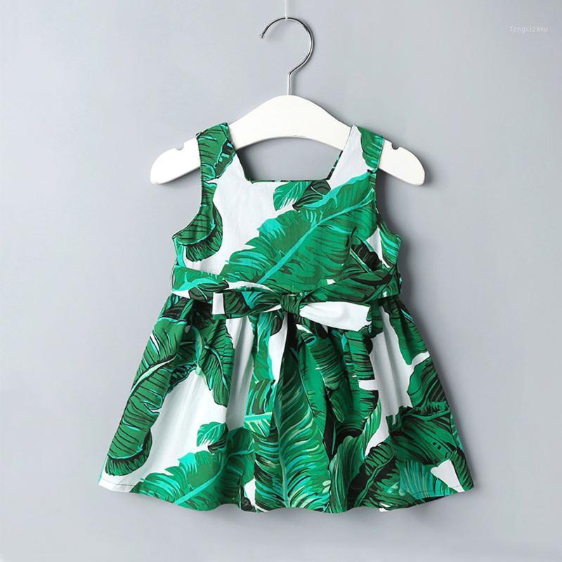 

Baby Girl Dress Clothes Toddler Baby Kids Girls Sleeveless Leaf Print Bow Tie Summer Cute Dress Princess Girl Vestidos1, Green