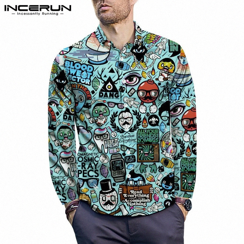 

INCERUN Trendy Cartoon Printed Long Sleeve Shirt Men Comfortable Holiday Social Baggy Button Up Slim Mens Blouse Masculino 2019 so49#, Yellow
