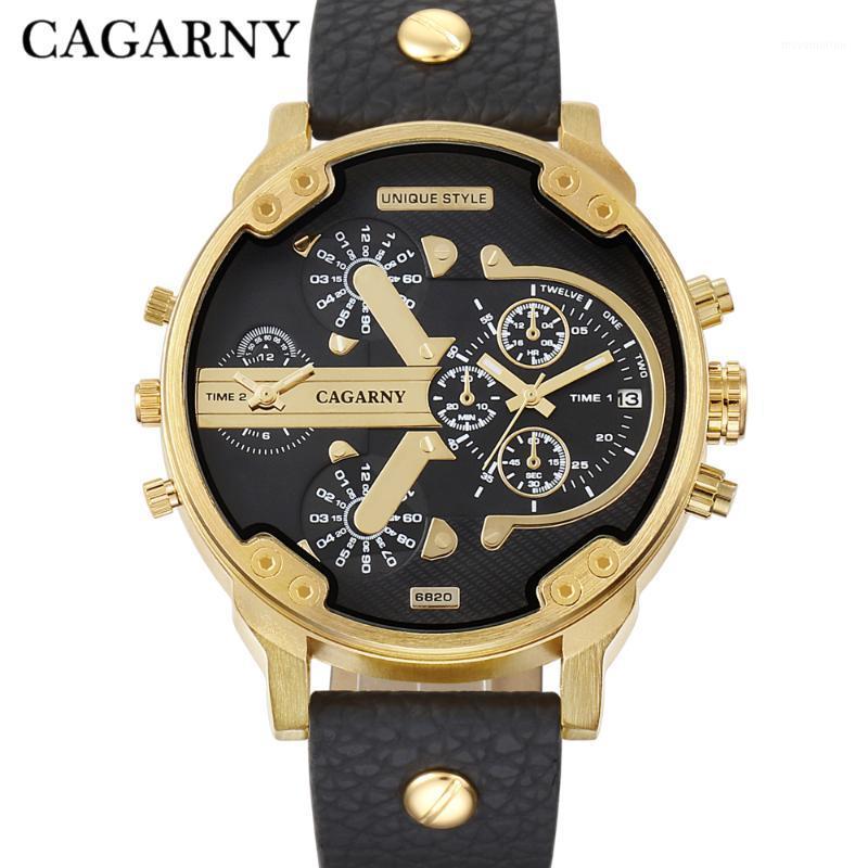 

Cagarny Men's Watches Men Fashion Quartz Wristwatches Cool Big Watch Leather Bracelet 2 Times Relogio Masculino D68201, Black