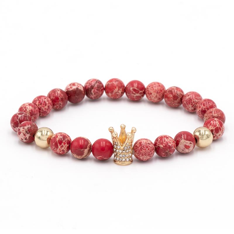 

Charm Bracelets Natural Red Beads Men Micro Pave CZ Crown For Women And Handmade Bracelet Jewelry Pulseira Hombres