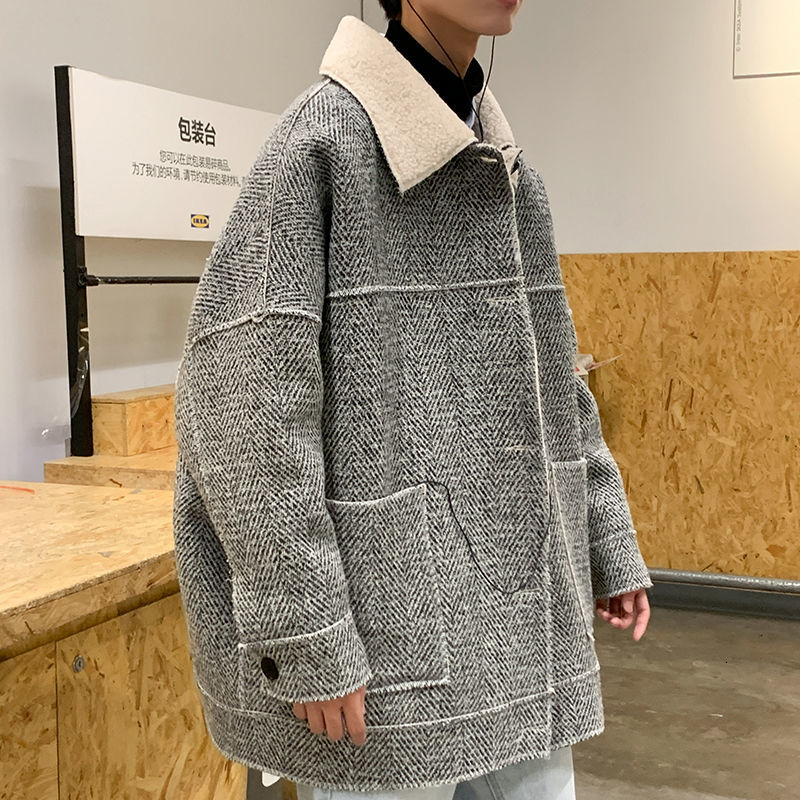 

2021 Male Cotton Coat Autumn and Winter New Lamb Wool Clothing Young Men's Clothes WZO9, Gray.